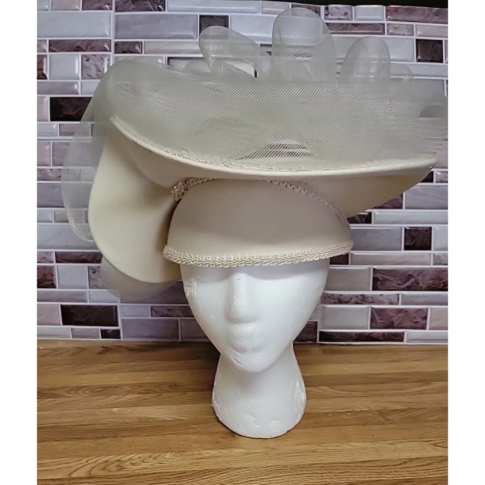 Vintage Style Ivory Wool Church Wedding Dress Hat Mesh Bow Floral Trim 9120